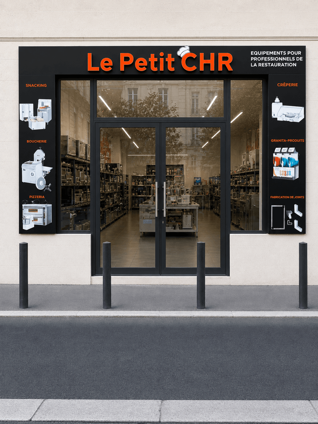 Devanture du magasin Le Petit CHR — équipement professionnel pour la restauration (snacking, boucherie, pizzeria, crêperie, granita, joints inox)